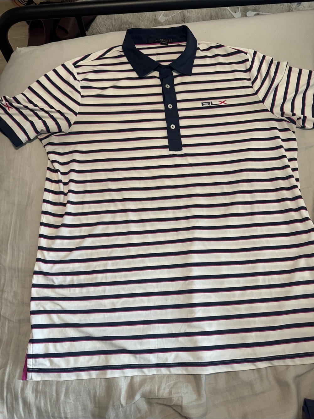 Polo by Ralph Lauren RLX White Navy and Pink Striped Polo Shirt
